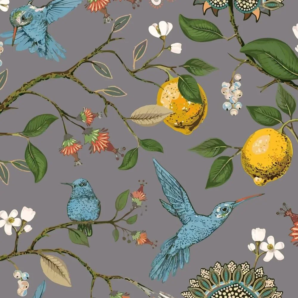Floral Lemon Hummingbird Curtains Patterned Waverly Mid-Century Style